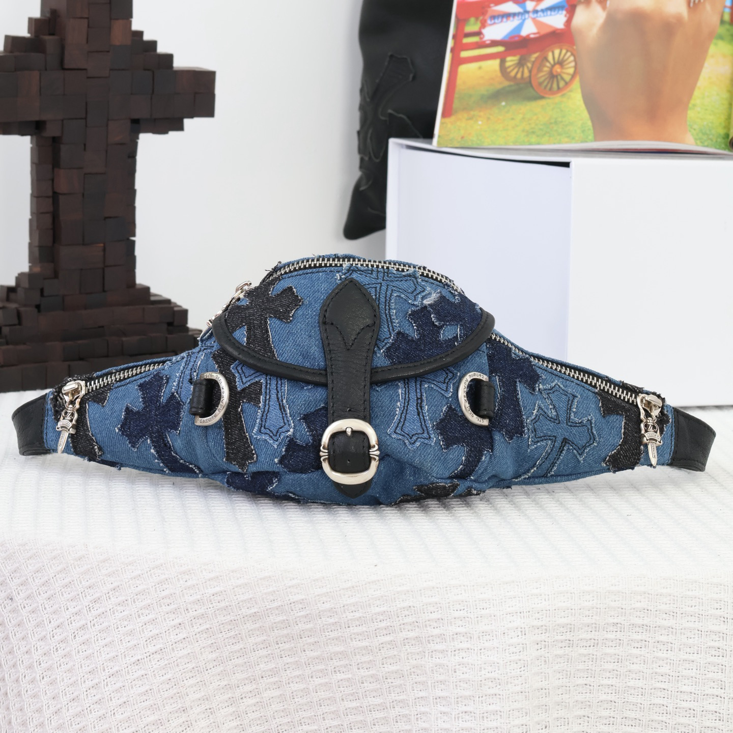 CHROME HEARTS 크롬하츠 힙색 미니 스낫팩 데님 크로스 패치 32cm (925실버) K053-2