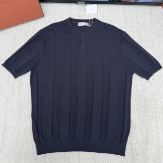Brunello Cucinelli 브루넬로 리넨 & 코튼 텍스처 리브 니트 헨리 칼라 티셔츠 #2386422