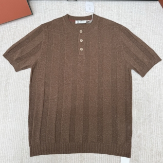 Brunello Cucinelli 브루넬로 리넨 & 코튼 텍스처 리브 니트 헨리 칼라 티셔츠 #23116422