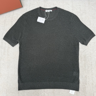 Brunello Cucinelli 브루넬로 리넨 & 코튼 텍스처 리브 니트 크루넥 티셔츠 #23146422