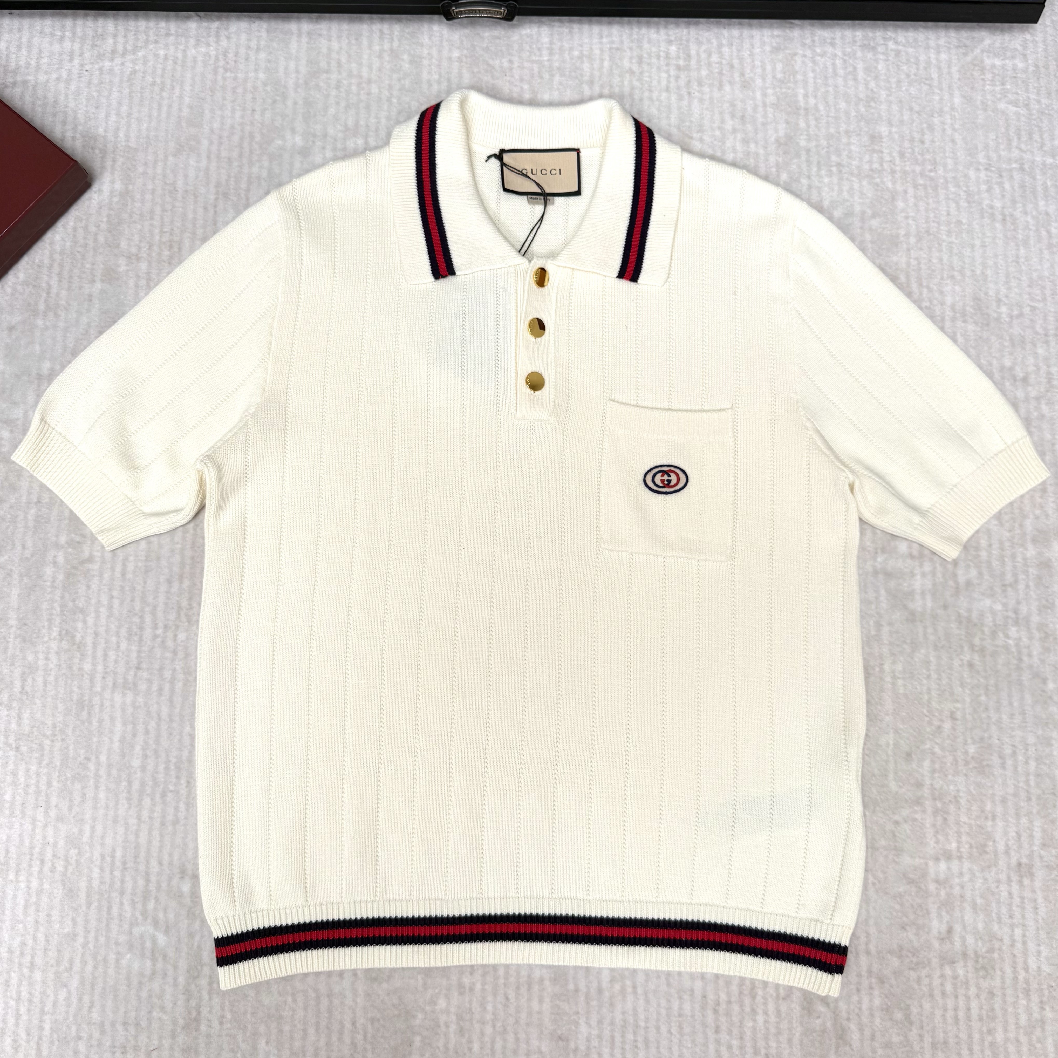 GUCCI 구찌 스트라이프 니트 폴로 반팔 티셔츠 #15426527