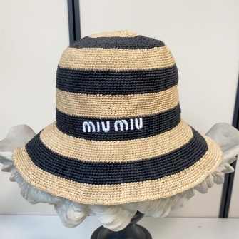 MIUMIU 미우미우 비스코스 라피아 스트라이프 버킷햇 Viscose Raffia Striped Bucket Hat