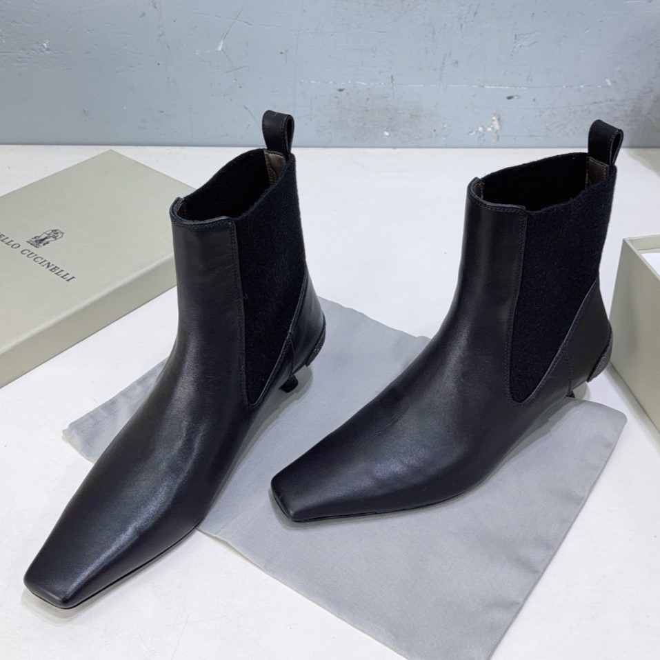 ⁠BRUNELLO CUCINELLI 브루넬로 쿠치넬리 스무스 레더 스퀘어 토 모닐리 힐 첼시 앵클 부츠 #21456726