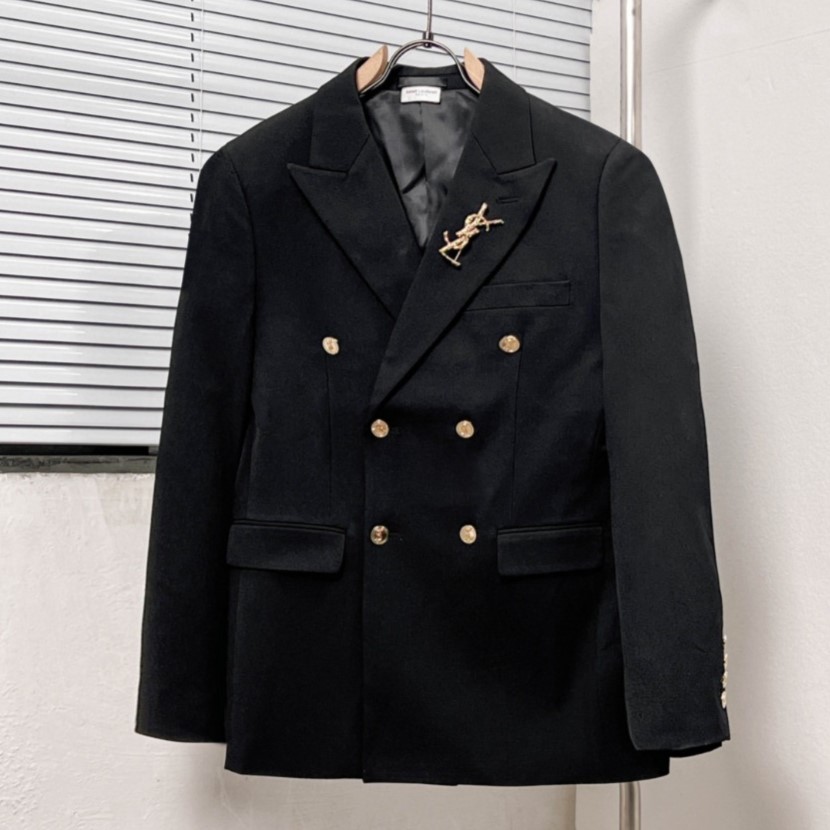 SAINT LAURENT 생로랑 남성 YSL 카산드라 브로치 엠벨리시드 더블 브레스티드 블레이저 자켓