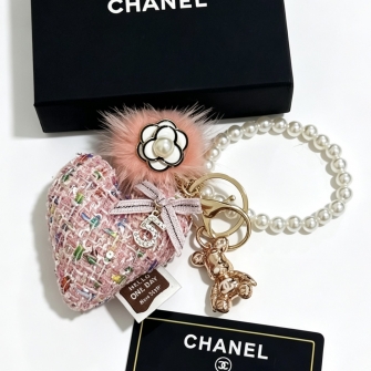 CHANEL 샤넬 CC 넘버5 하트 트위드 펄 베어 리본 키링 가방 참 핑크