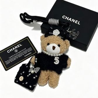 CHANEL 샤넬 CC 넘버5 블랙 탑 테디베어 미니 가방 참 인형 키링 스트랩 브라운